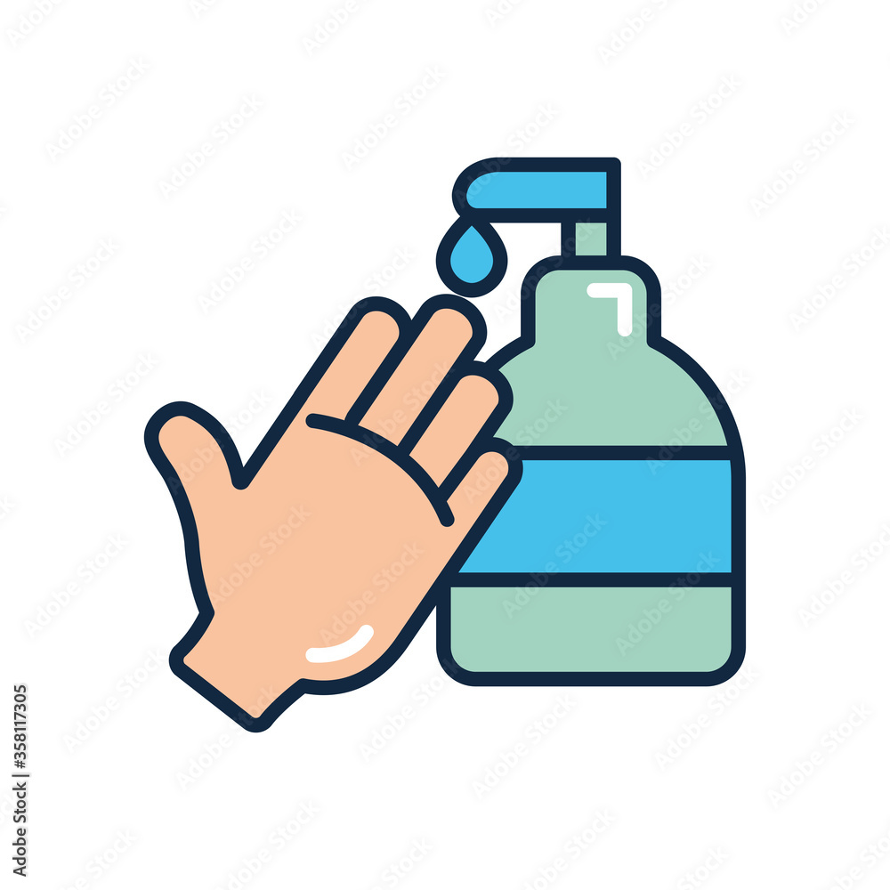 hand and antibacterial gel bottle icon, line color style hand and antibacterial gel bottle icon, line color style