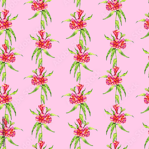 floral seamless pattern with watercolor alstroemeria on a pink background © AineGing