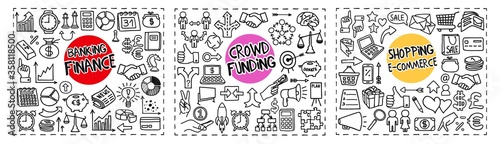 Finance and Banking, Crowd Funding and Shopping and e-Commerce doodle icons set