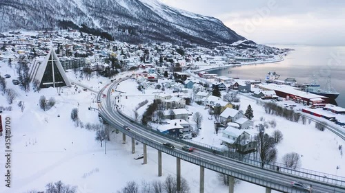 City of Tromso, Norway. Aerial Tromsø. Panoramic view. Bird's-eye view. Tromso in the winter. Winter Norway