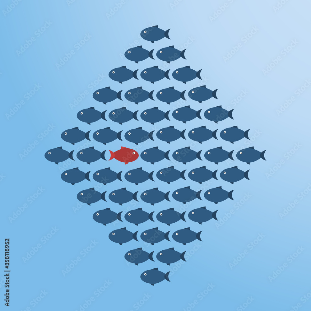 Think differently -One red unique different fish swimming opposite way of identical blue ones. Courage, confidence, success, crowd and creativity concept. EPS 10 vector illustration.
