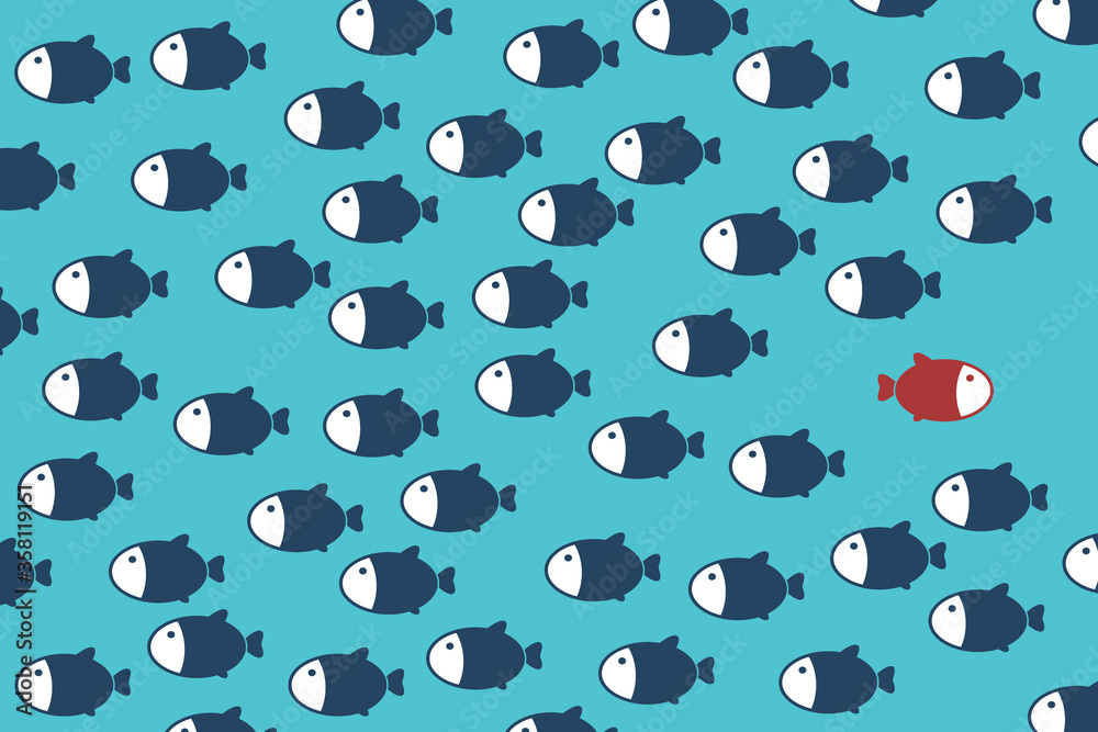 Think differently -One red unique different fish swimming opposite way ...