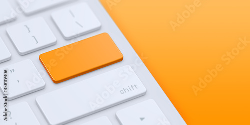 Modern keyboard with blank orange key to enter text or logo with copy space. 3d illustration.