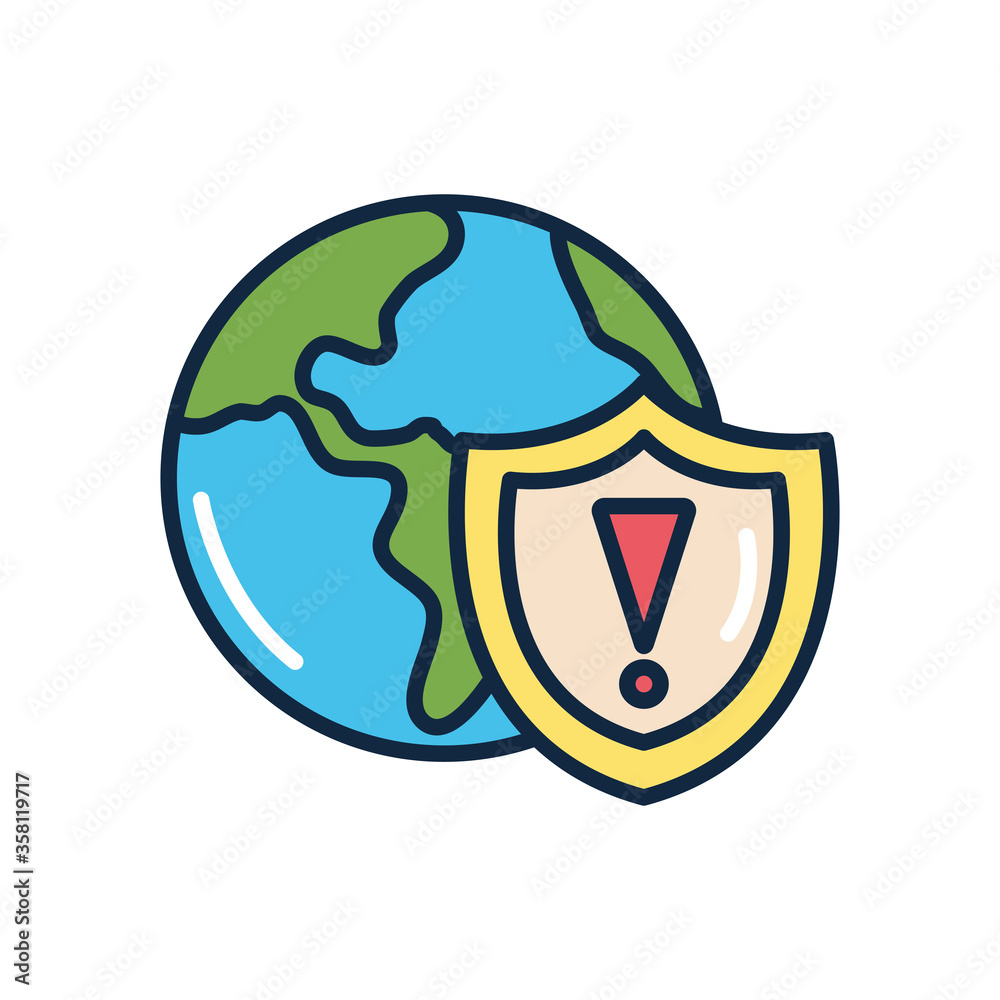 Obraz premium earth planet with shield with warning sign, line color style