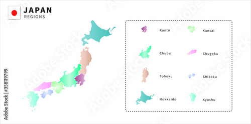 Vector Illustration of Japan map and colorful isolate japan region prefecture , white background , japan national flag
