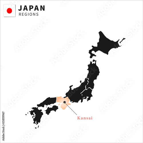 Vector Illustration of each japan region prefecture Kansai, white background , japan national flag
