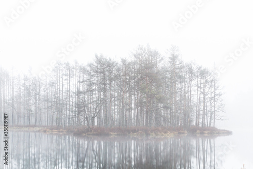 Foggy autumn morning in a Cenas moor with reflections in a swamp lake