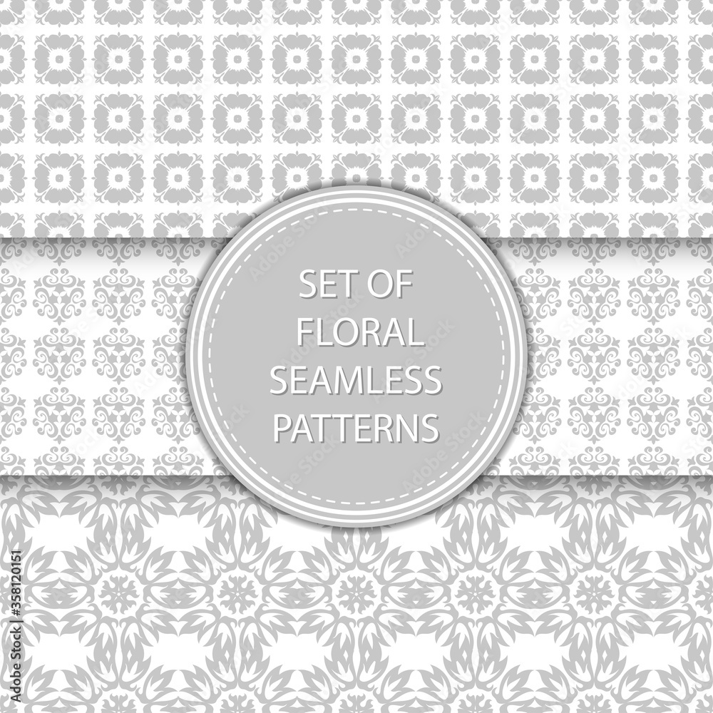 Gray and white floral seamless backgrounds. Compilation of patterns