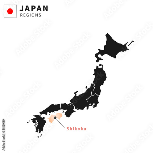 Vector Illustration of each japan region prefecture Shikoku, white background , japan national flag
