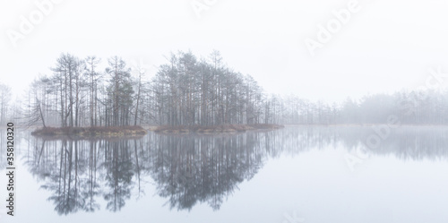 Foggy autumn morning cenas moor with reflections in a swamp lake