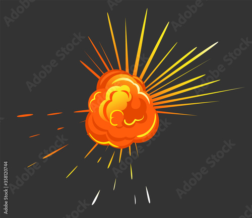 Orange explosion with cloud of dust. Impact of asteroid or meteorite, big bang in motion with fire. Isolated burst in space, bright and radial bursting with smoke. Vector illustration in flat style