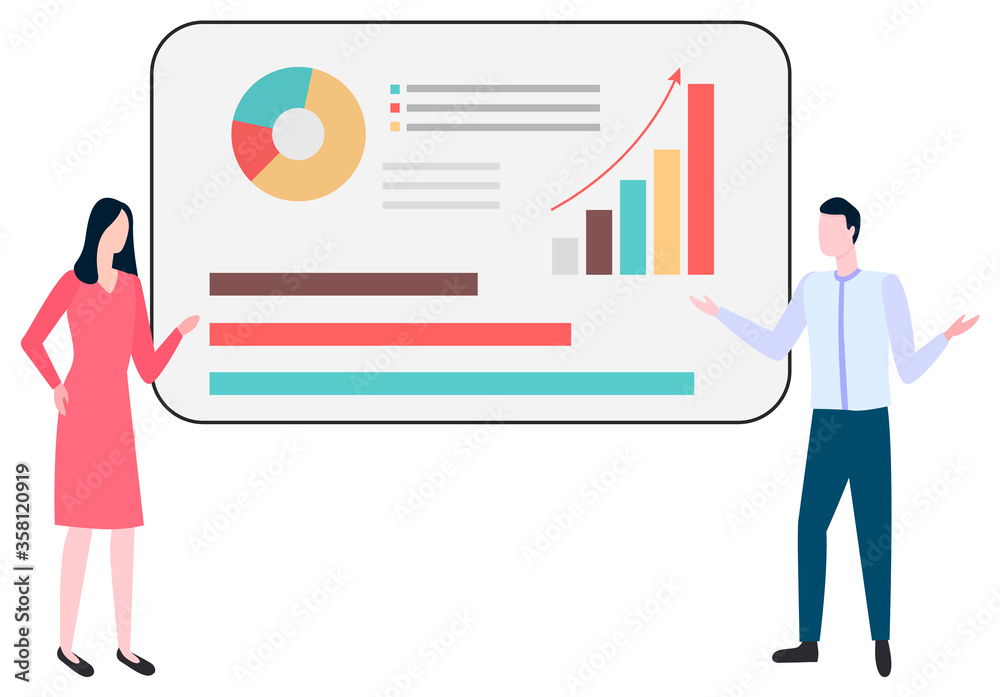 People man and woman discussing sales and trades, boards with diagrams and charts. Vector financial analytics and business statistics, successful management People man and woman discussing sales and trades, boards with diagrams and charts. Vector financial analytics and business statistics, successful management