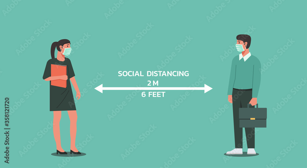 businessman and businesswoman standing maintain social distancing, character vector flat illustration 