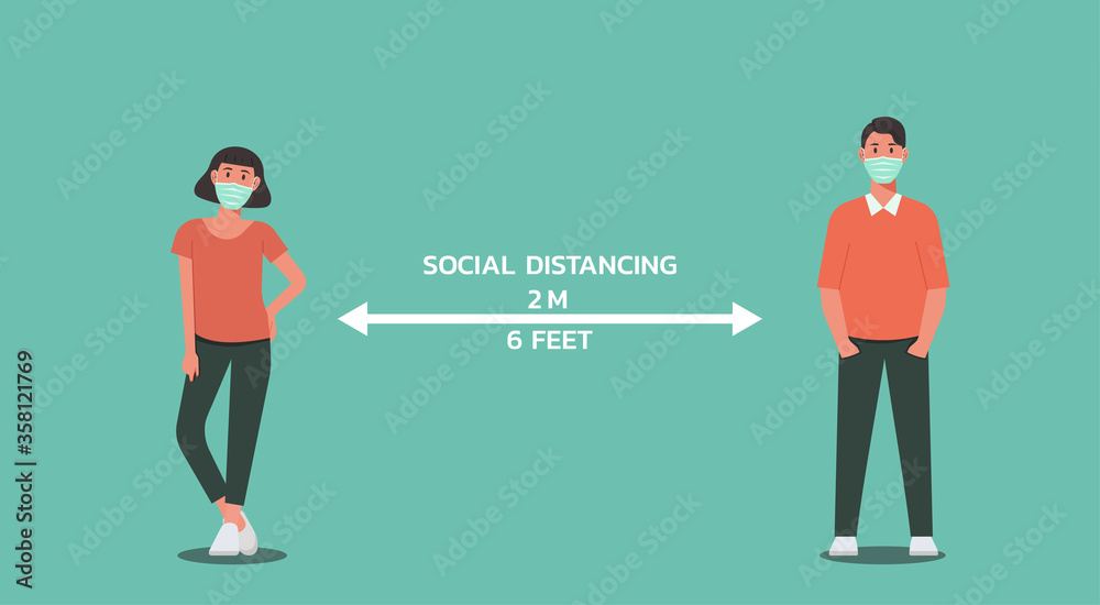 young man and woman standing together maintain social distancing, character vector flat illustration young man and woman standing together maintain social distancing, character vector flat illustration