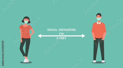 young man and woman standing together maintain social distancing, character vector flat illustration