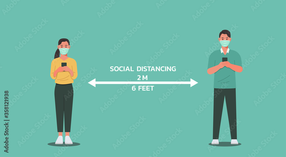 young man and woman using phone and maintain social distancing, character vector flat illustration young man and woman using phone and maintain social distancing, character vector flat illustration