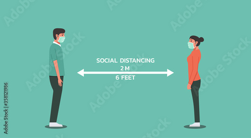 young man and woman standing and looking at each other maintain social distancing, character vector flat illustration