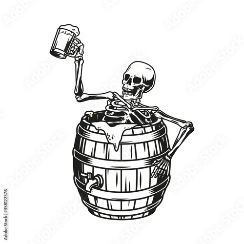 Skeleton sitting in beer wooden barrel