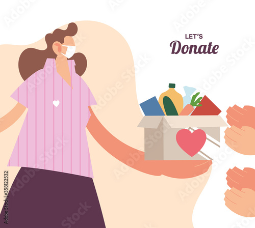 woman with mask and food to donation