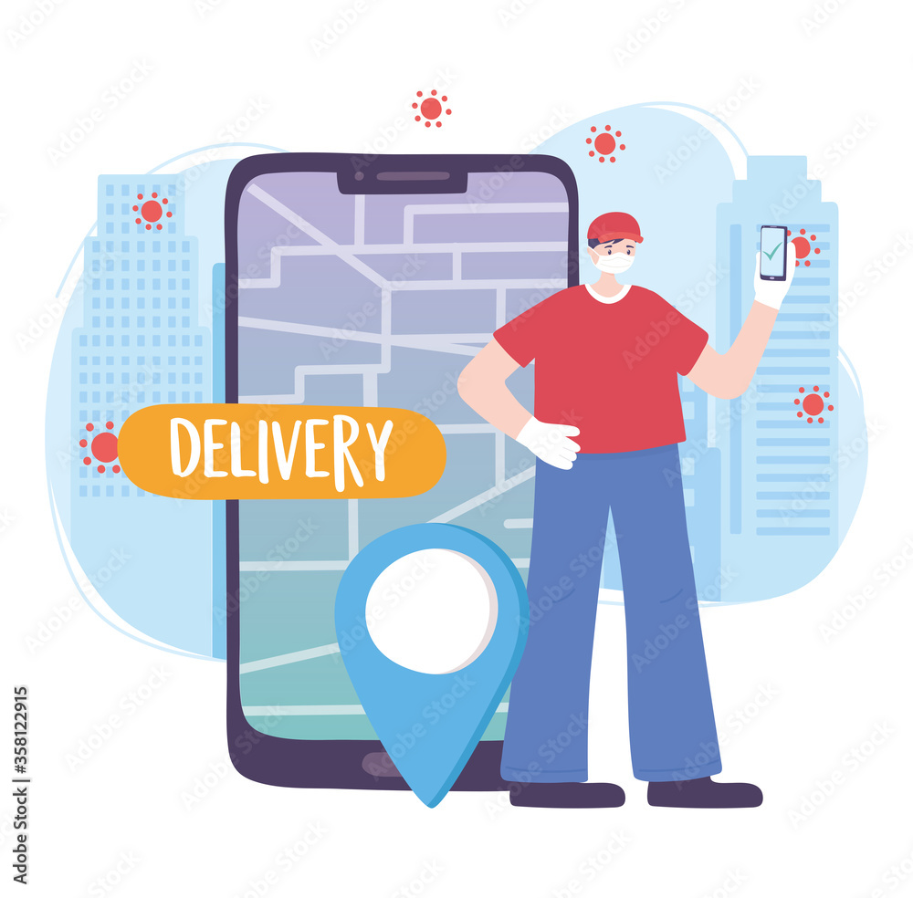covid-19 coronavirus pandemic, delivery service, delivery man with mobile gps navigation map pin, wear protective medical mask covid-19 coronavirus pandemic, delivery service, delivery man with mobile gps navigation map pin, wear protective medical mask