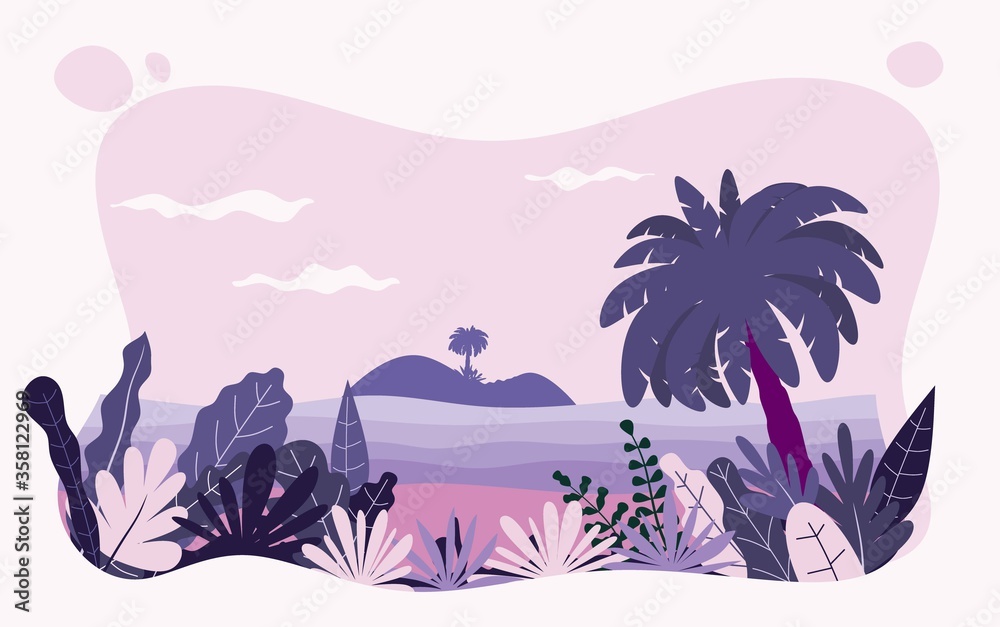 Naklejka premium Vector illustration in trendy flat and linear style - background with copy space for text - plants, leaves, palm trees and sky - beach landscape