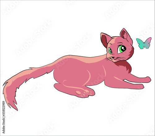 cute kitty is playing with a butterfly