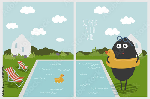 Set of two cards with a cartoon character relaxing near the swimming pool