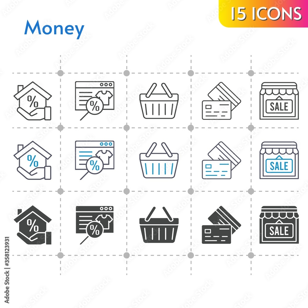 money icon set. included online shop, mortgage, shop, shopping-basket, credit card, shopping basket icons on white background. linear, bicolor, filled styles.
