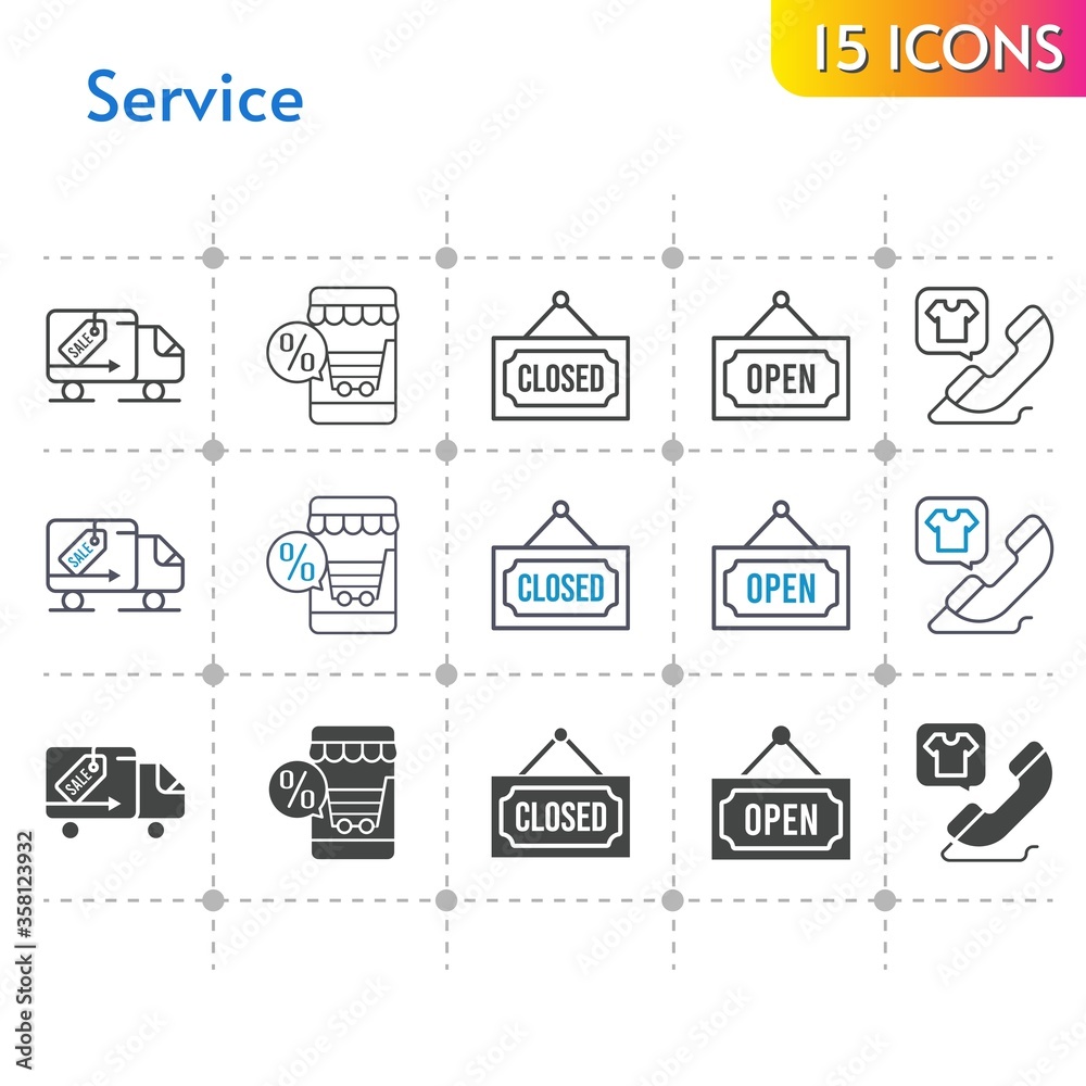 service icon set. included online shop, closed, phone call, delivery truck, open icons on white background. linear, bicolor, filled styles.