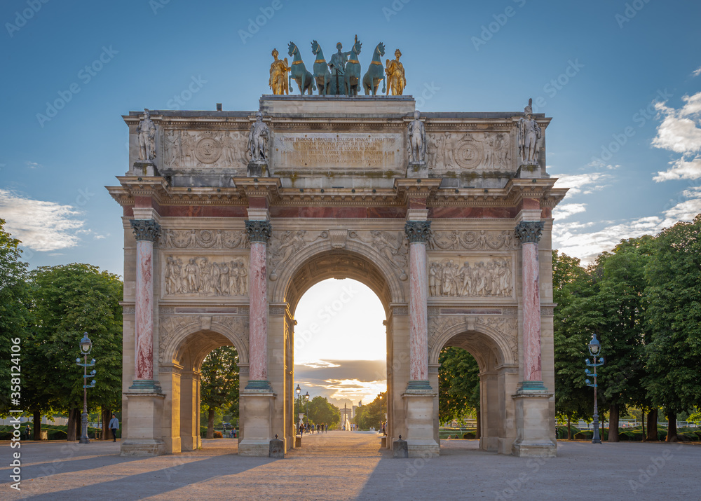 Paris, France - 06 14 2020: Carrousel Triumphal Arch at sunset
