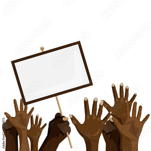 hands of protesting black people with empty placard to bring justice