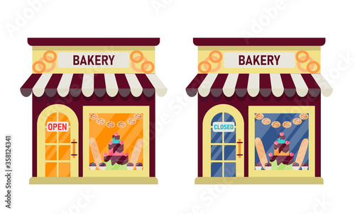 The bakery store is open and closed. Set of illustration of exterior facade store building.Collection of the facades of the shops isolated on a white background. Vector illustration in flat style