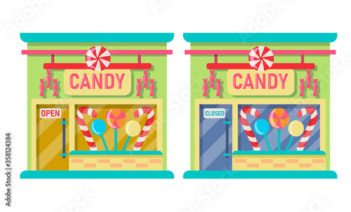 The candy store is open and closed. Set of illustration of exterior facade store building.Collection of the facades of the shops isolated on a white background. Vector illustration in flat style