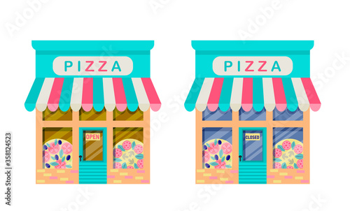 The pizzeria is open and closed. Set of illustration of exterior facade store building.Collection of the facades of the shops isolated on a white background. Vector illustration in flat style