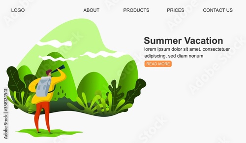 man looking to the mountain peaks. Mountains, trees and hills on background. Banner, site, poster template with place for your text.