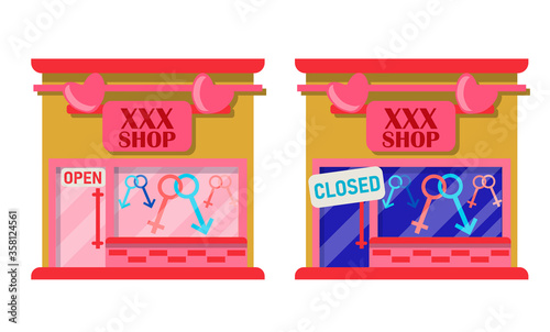 The sex shop is closed and open. A collection of store facades isolated on a white background.Vector illustration in flat style