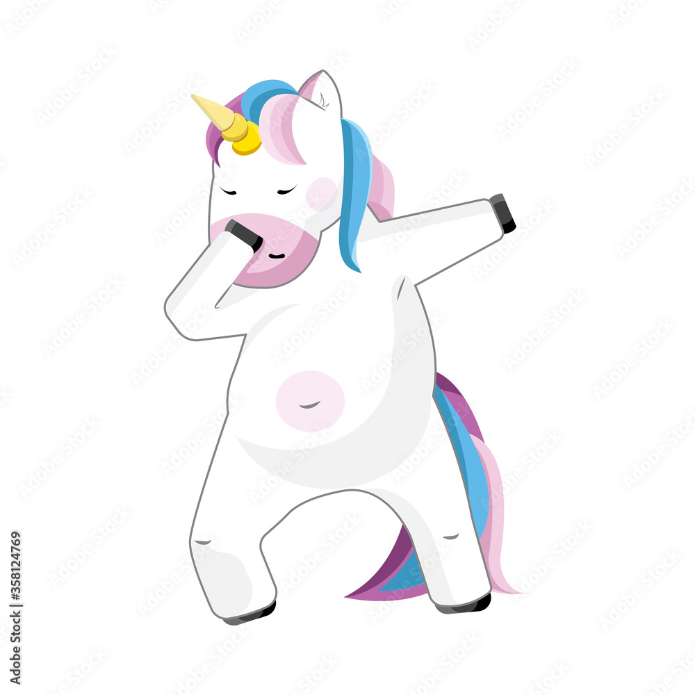 Cute and beautiful fantasy vector illustration of dabbing unicorn isolated on white background for t-shirts, poster, print or fashion style design. Funny cartoon character of Happy birthday party