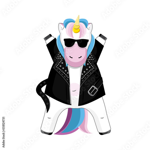 Cute fantasy vector illustration of rock star unicorn isolated on white background for t-shirts, poster, print or fashion style design. Funny cartoon character of Rock or Happy birthday party