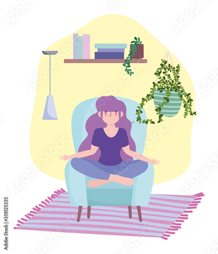 stay at home, girl in meditation pose on chair, self isolation, activities in quarantine for coronavirus