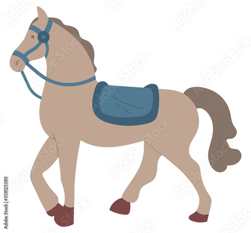 Gray horse with seat isolated cartoon animal in flat style. Vector equestrian sport stallion, side view of man with bridle headgear used to control animal