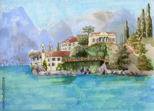 Mediterranean romantic landscape.Villa Balbianello, Lake Como, Italy. Hand-drawn watercolor sketch.
