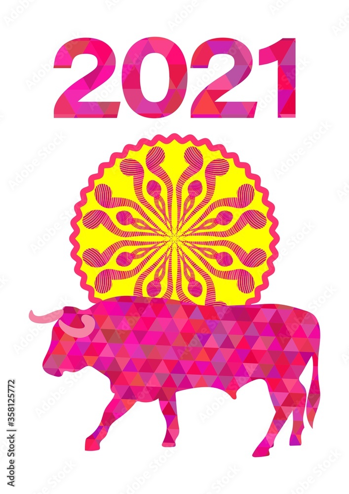 colorful numbers 2021 and a bull on the ornamental composition. cover of the calendar for the new year. bright polygonal drawing. collage. poster.