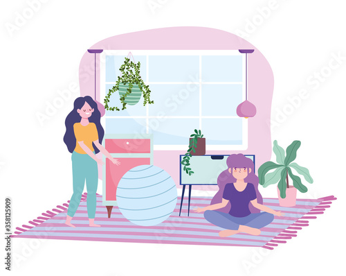 stay at home, girls in the room with fitness ball plants, self isolation, activities in quarantine for coronavirus