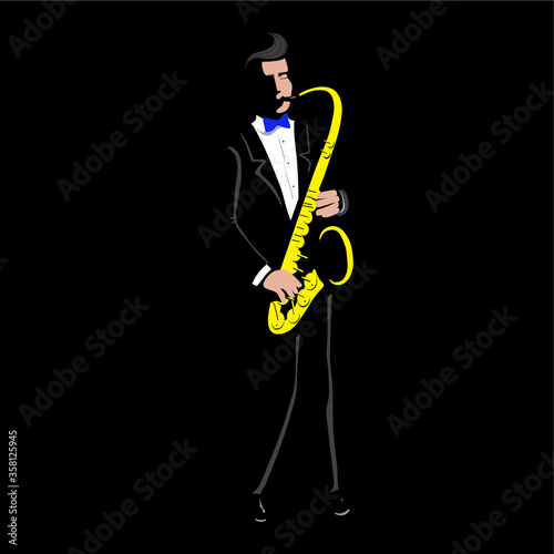 Vector Illustration of a playing saxophone man. Handsome young european jazz musician performs in the dark. Character in flat style on black background