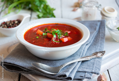 Vegetable soup borsch made with beetroot and other vegetables