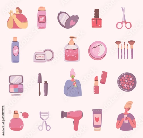Set of icons of cosmetics and body care products for make up near the girls . Vector modern illustration.