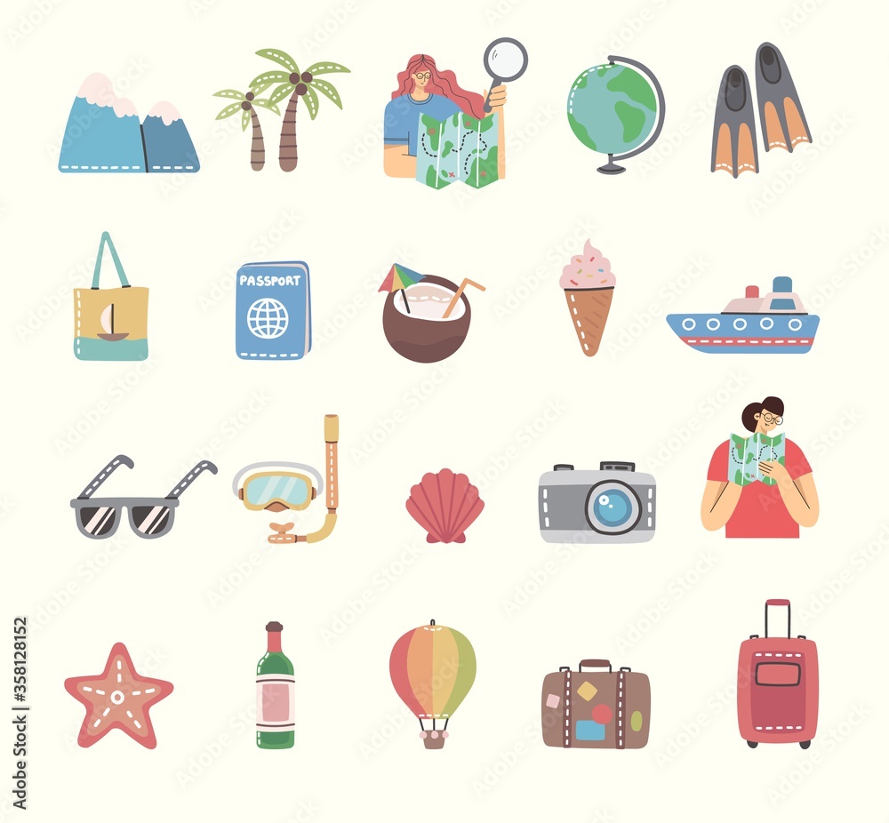 Set of travel icons and related symbols. Vector flat illustrations for travel card, poster, banner .