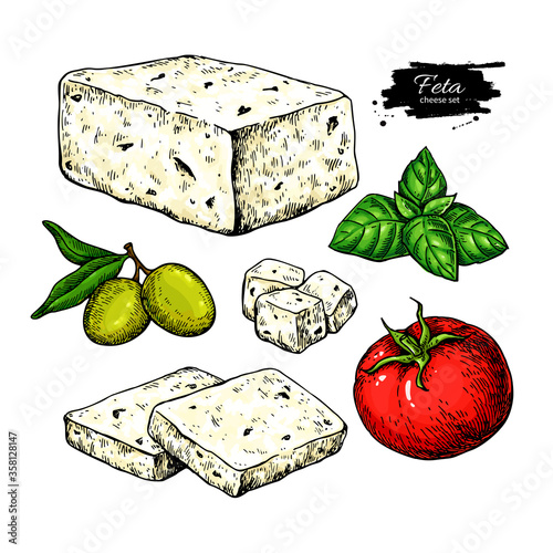 Greek feta cheese block, slice drawing. Vector hand drawn food sketch with olive, basil, tomato.