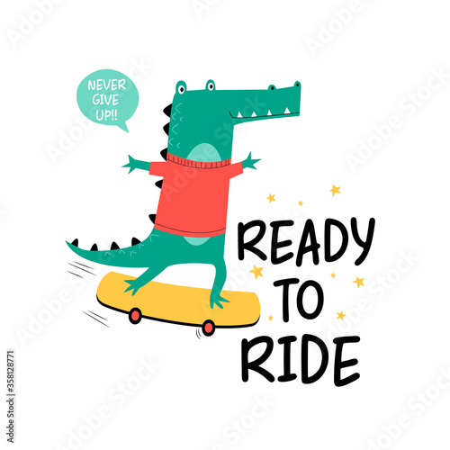 Hand drawing cute crocodile vector illustration for the t-shirt design with slogan. Vector illustration design for fashion fabrics, textile graphics, prints.