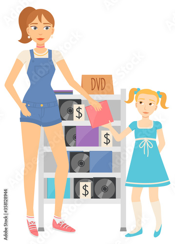 Females holding disk, seller and shopper character, woman giving multimedia object to girl. Second sale of obsolete goods, junk on shelf, retail vector